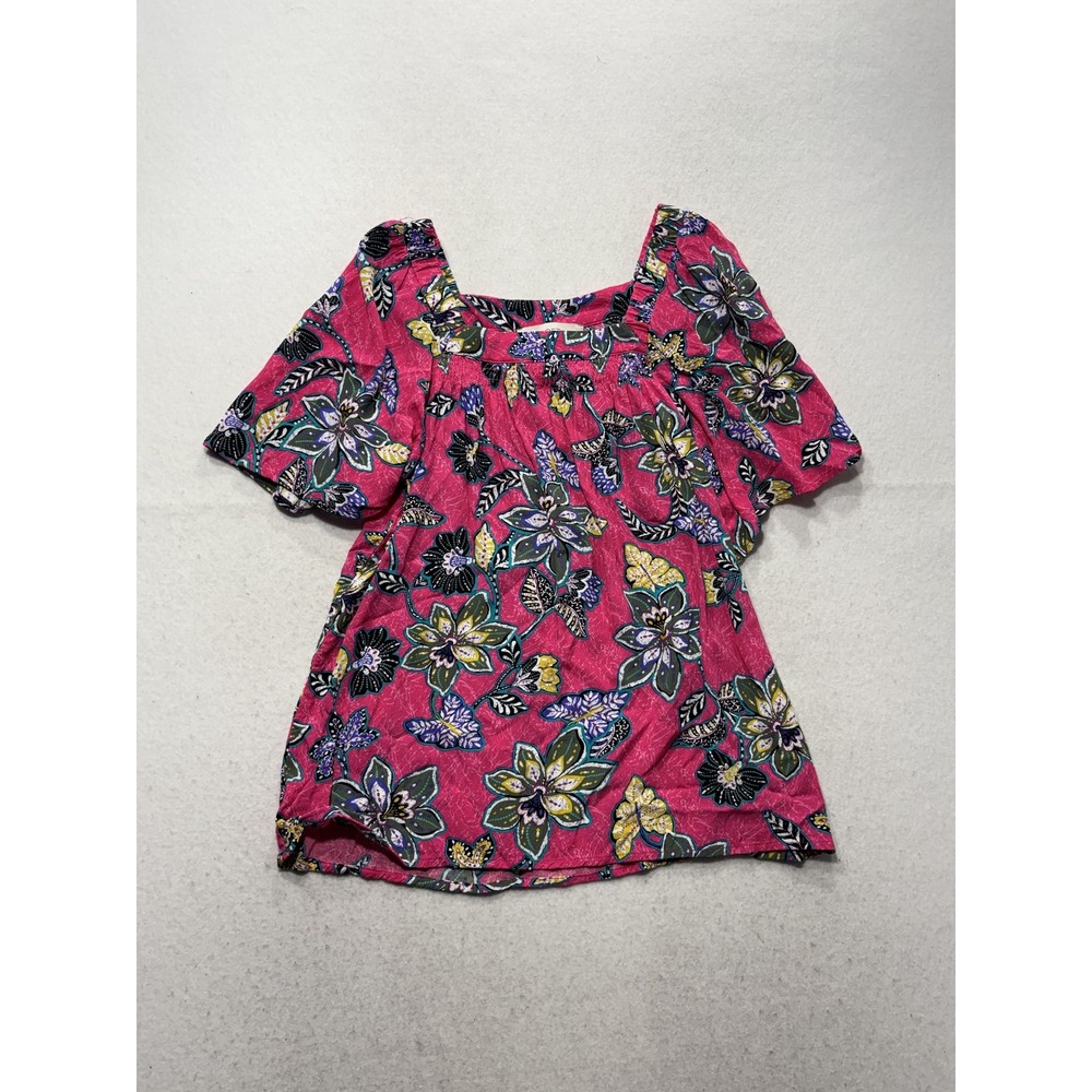 LOFT Blouse Womens XS Pink Floral Square Neck Flutter Sleeve Boho Summer Top